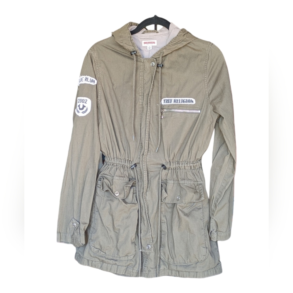 2002 Rare TRUE RELIGION Women's Military Khaki Parka Trench Jacket World Tour